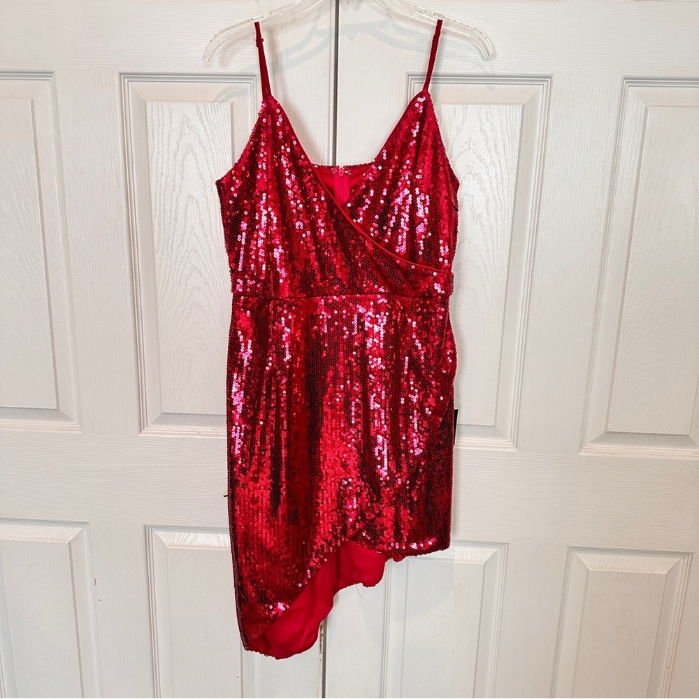 Lulus‎ Below the Stars Wine Red Sequin Asymmetrical Bodycon Dress Size Large NWT - Picture 8 of 9